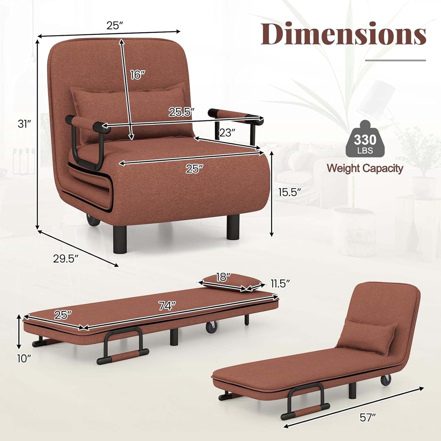 Folding Sleeper Chair Convertible Sofa Bed w/ Adjustable Backrest