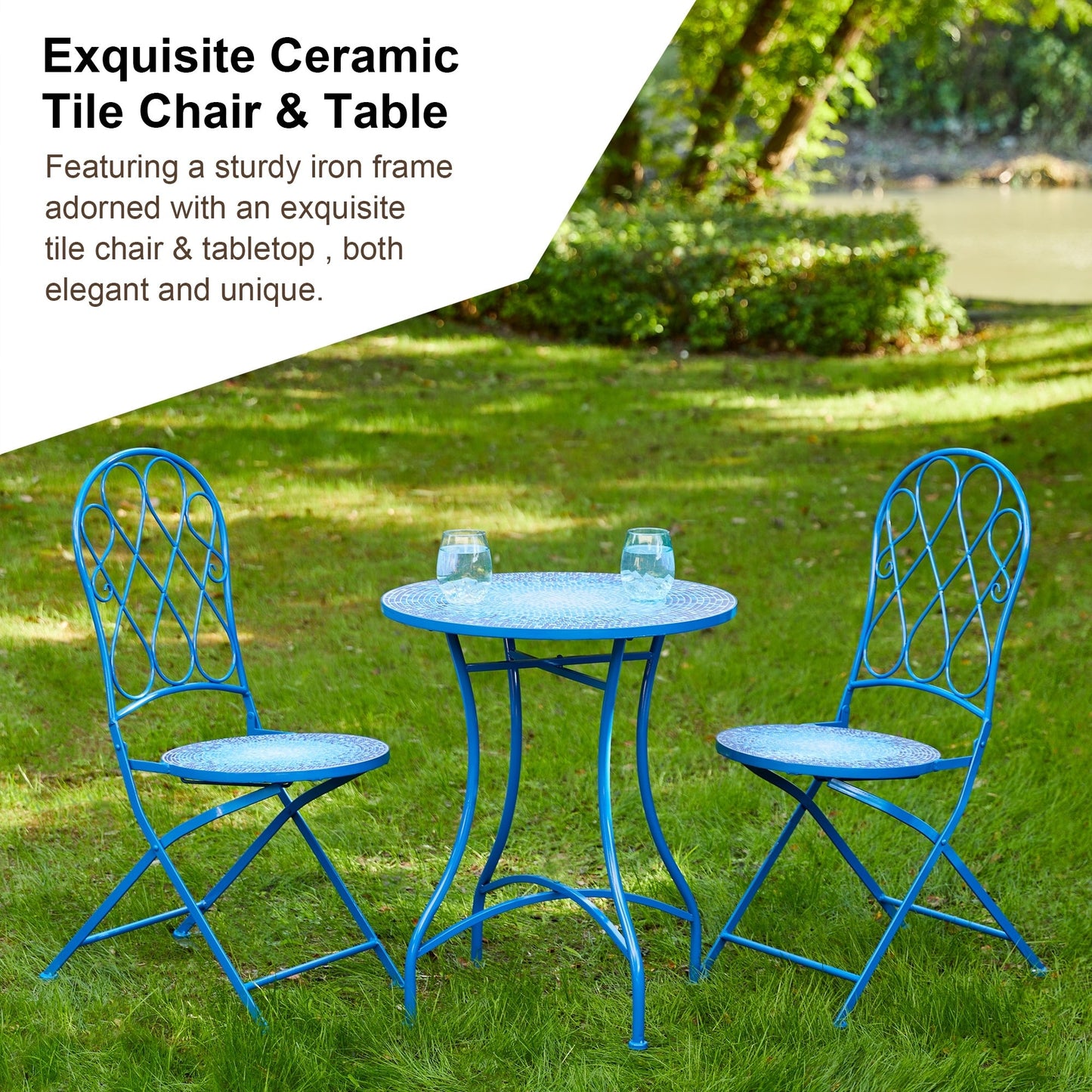 Glitzhome Outdoor Metal Folding Bistro Set 3PCS Patio Table Chairs