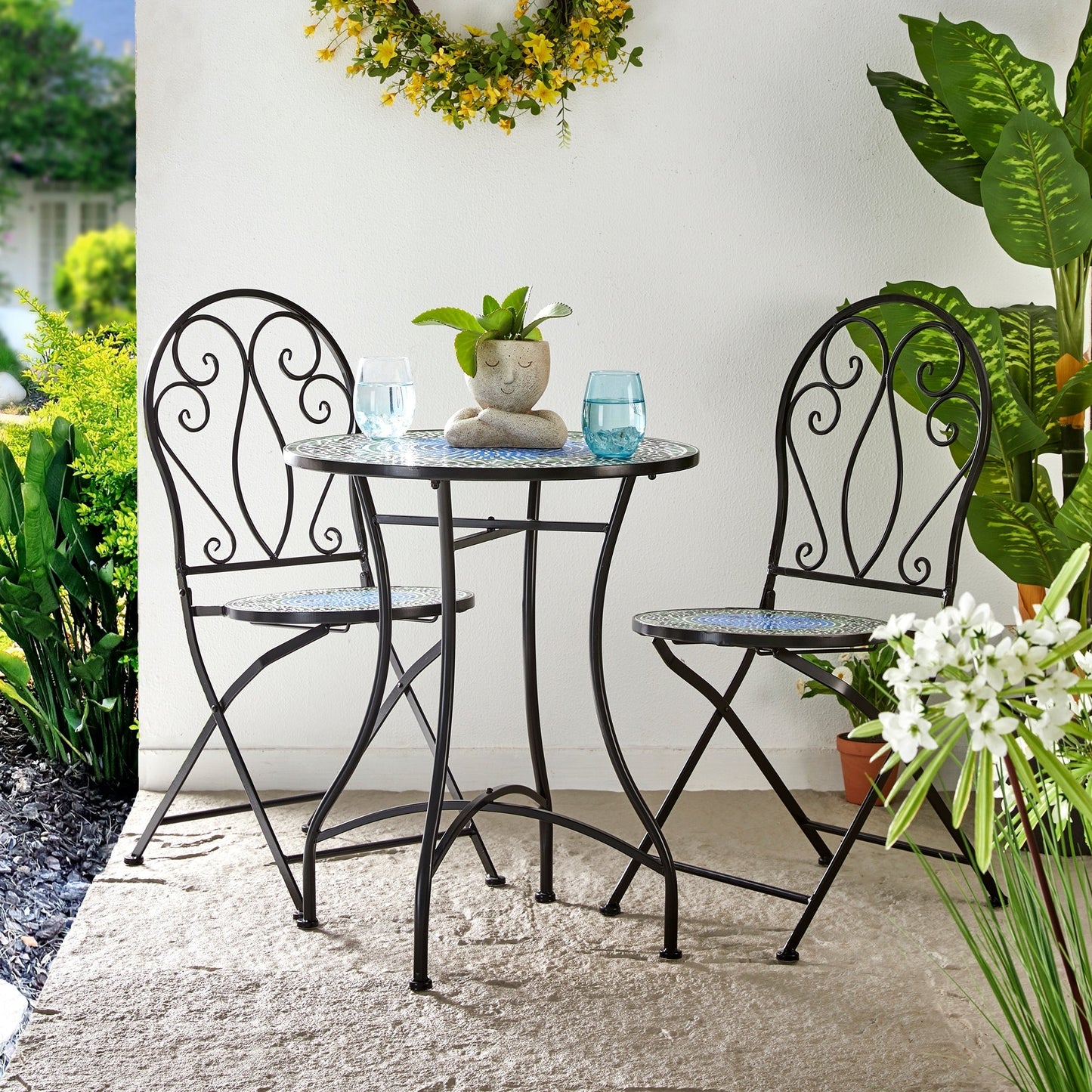 Glitzhome Outdoor Metal Folding Bistro Set 3PCS Patio Table Chairs