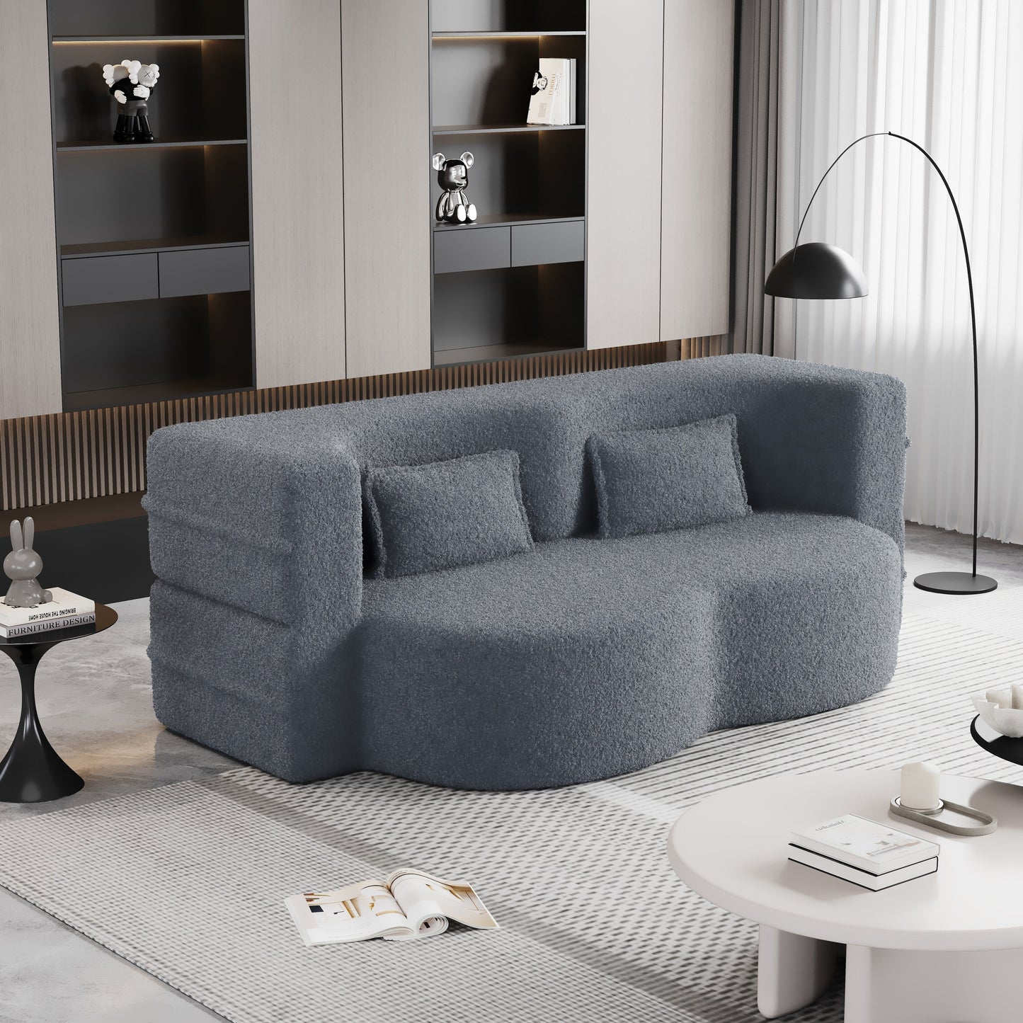Grey 78 Convertible Teddy Fabric Loveseat Foam-Filled Floor Sofa Bed with 2 Pillows and Folding Mattress for Living Room