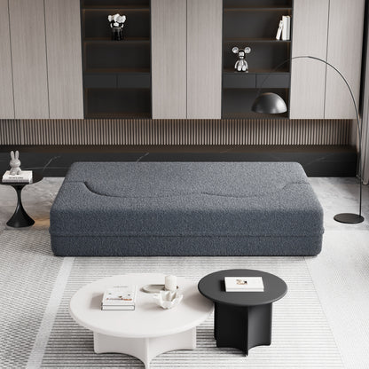 Grey 78 Convertible Teddy Fabric Loveseat Foam-Filled Floor Sofa Bed with 2 Pillows and Folding Mattress for Living Room