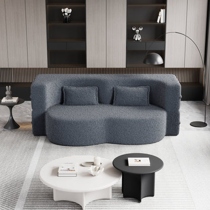 Grey 78 Convertible Teddy Fabric Loveseat Foam-Filled Floor Sofa Bed with 2 Pillows and Folding Mattress for Living Room