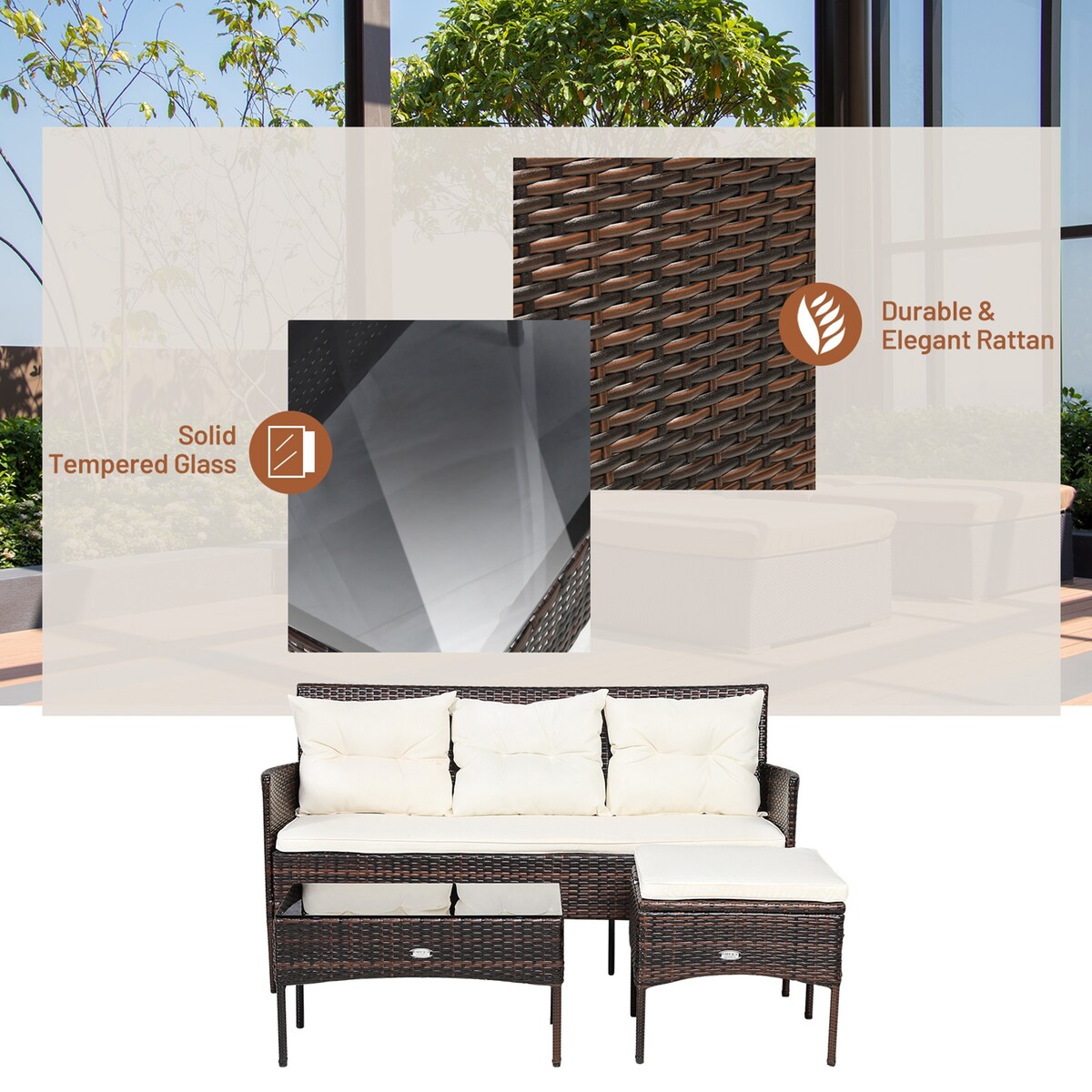 Gymax 3PCS Patio Rattan Sectional Conversation Furniture Set w/ Off - See Details