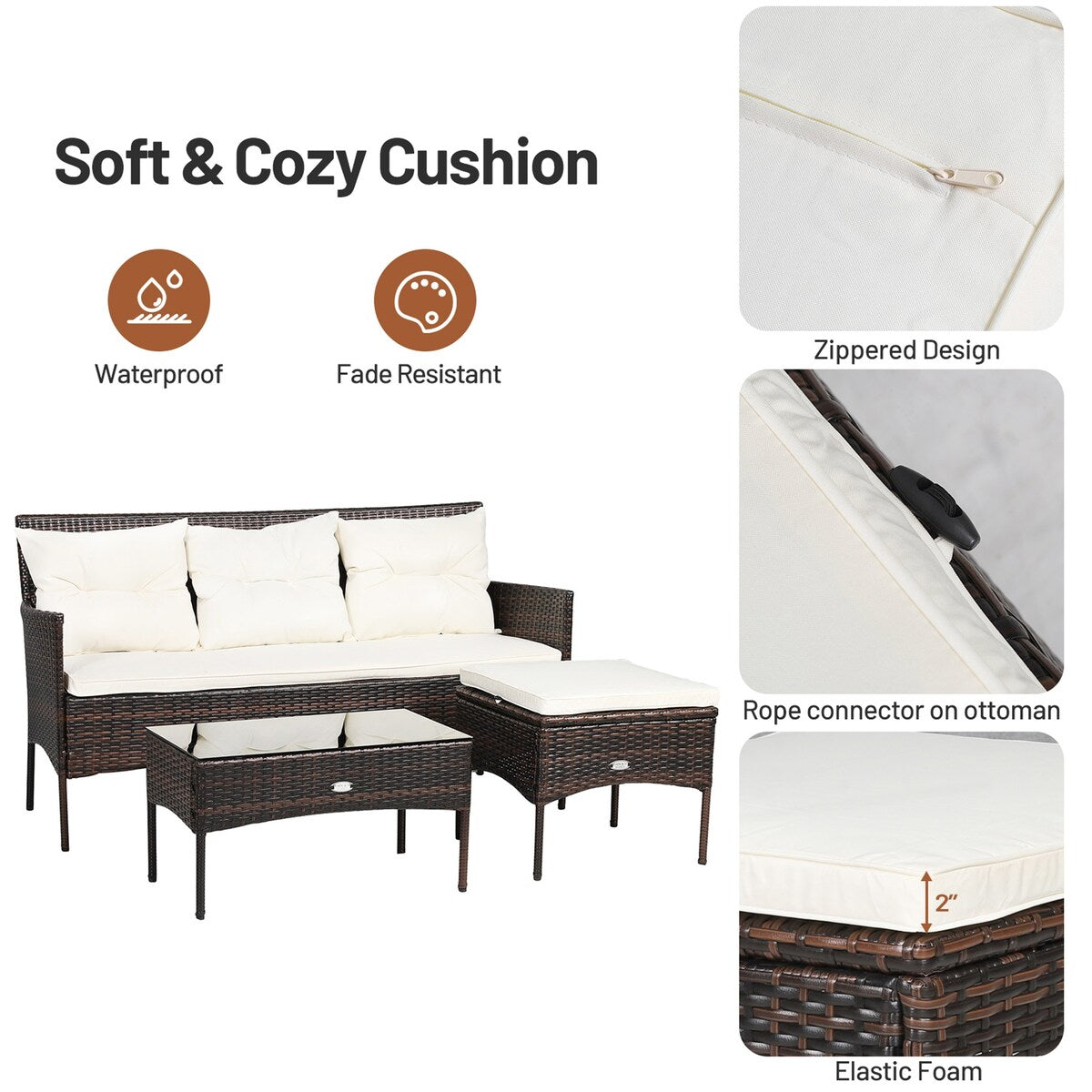 Gymax 3PCS Patio Rattan Sectional Conversation Furniture Set w/ Off - See Details