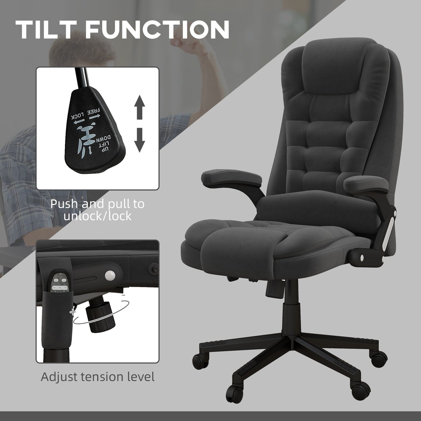 HOMCOM 6 Point Vibrating Massage Office Chair with Heat, Velvet High Back Executive Office Chair with Reclining Backrest