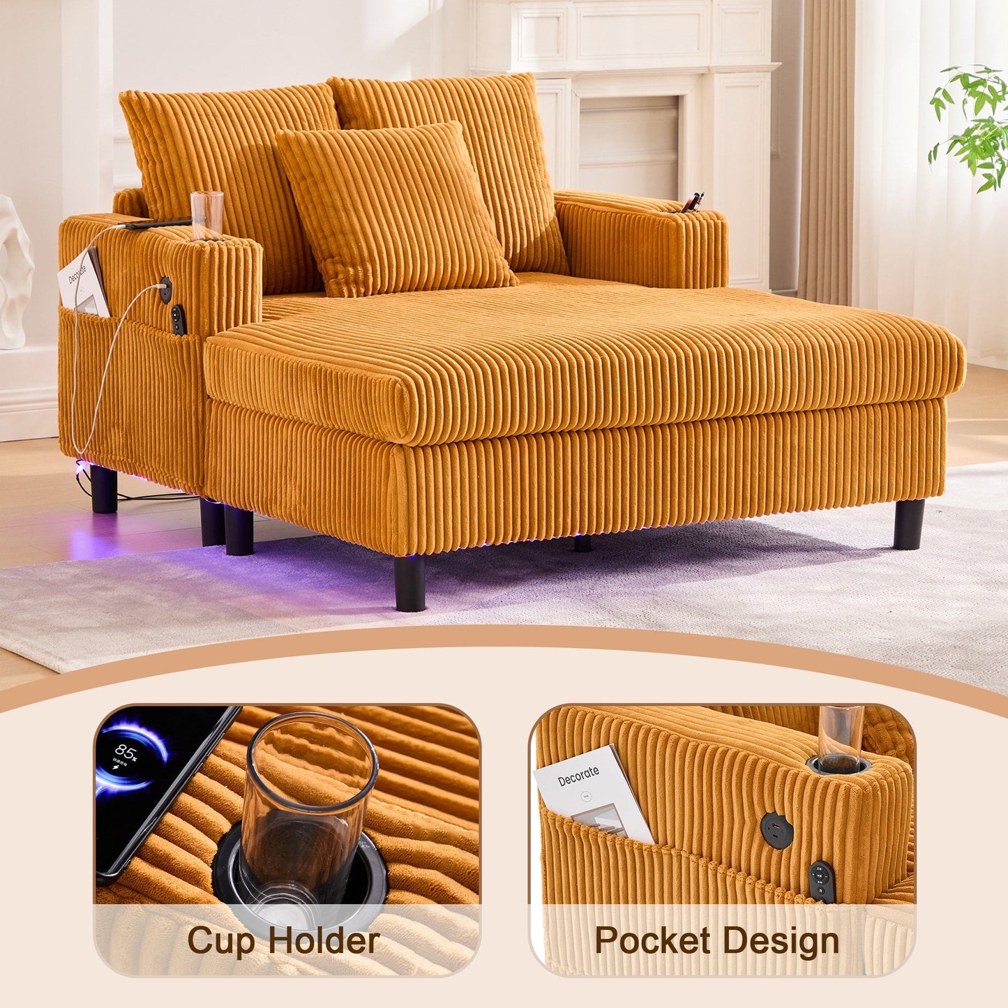 HOMEFUN Corduroy Upholstered Oversized RGB LED Light Recliner Sofa Bed with Cup Holder,USB&3 Pillows