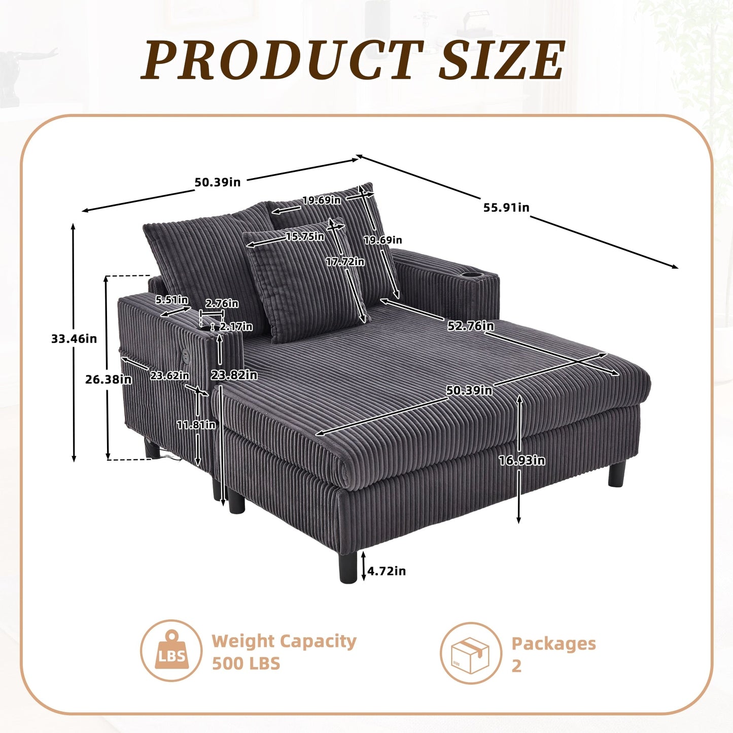 HOMEFUN Corduroy Upholstered Oversized RGB LED Light Recliner Sofa Bed with Cup Holder,USB&3 Pillows