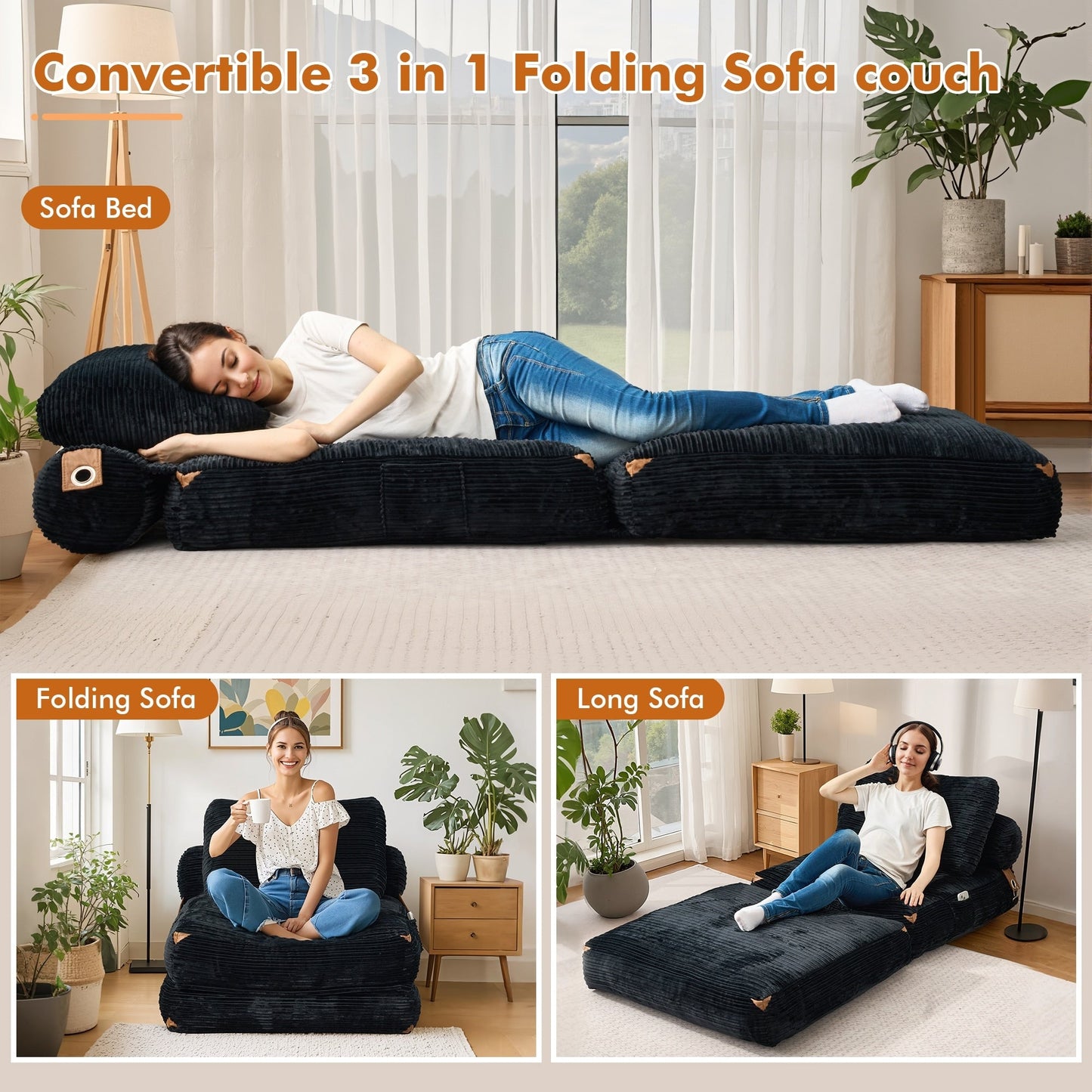 HOOOWOOO Modern Corduroy Fabric Folding Sofa Couch