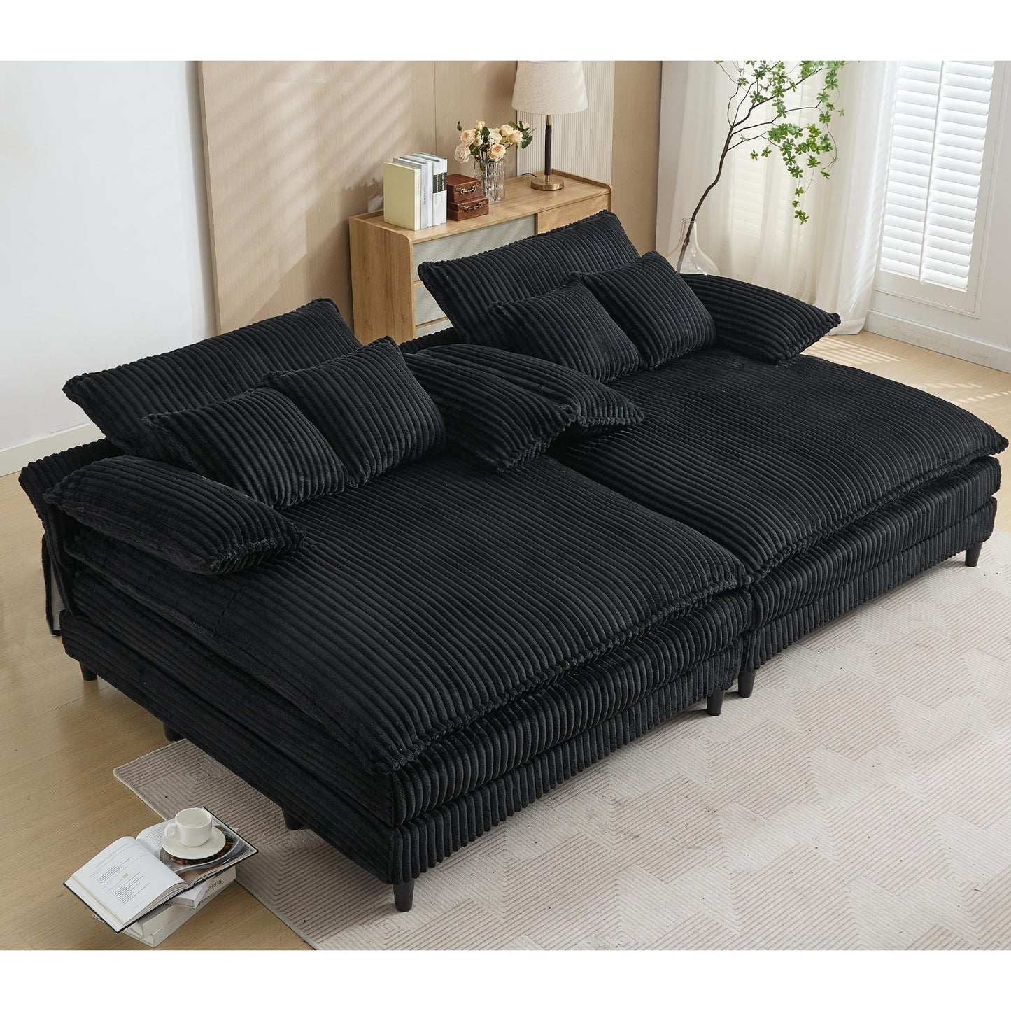 Harmonia 109 W Oversized Corduroy Sofa Bed, Deep Seat Double Lounge Chaise with 4 Pillows
