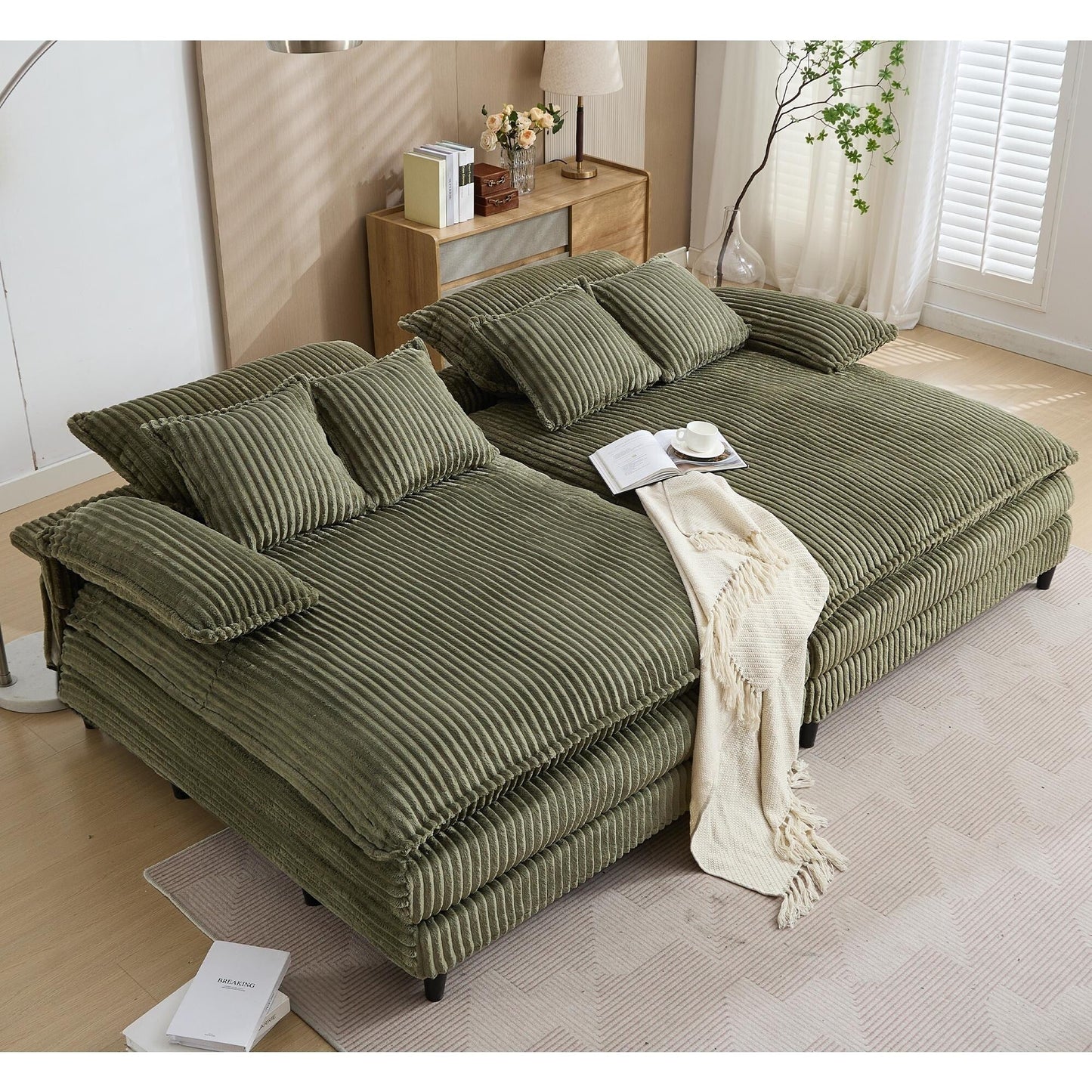 Harmonia 109 W Oversized Corduroy Sofa Bed, Deep Seat Double Lounge Chaise with 4 Pillows