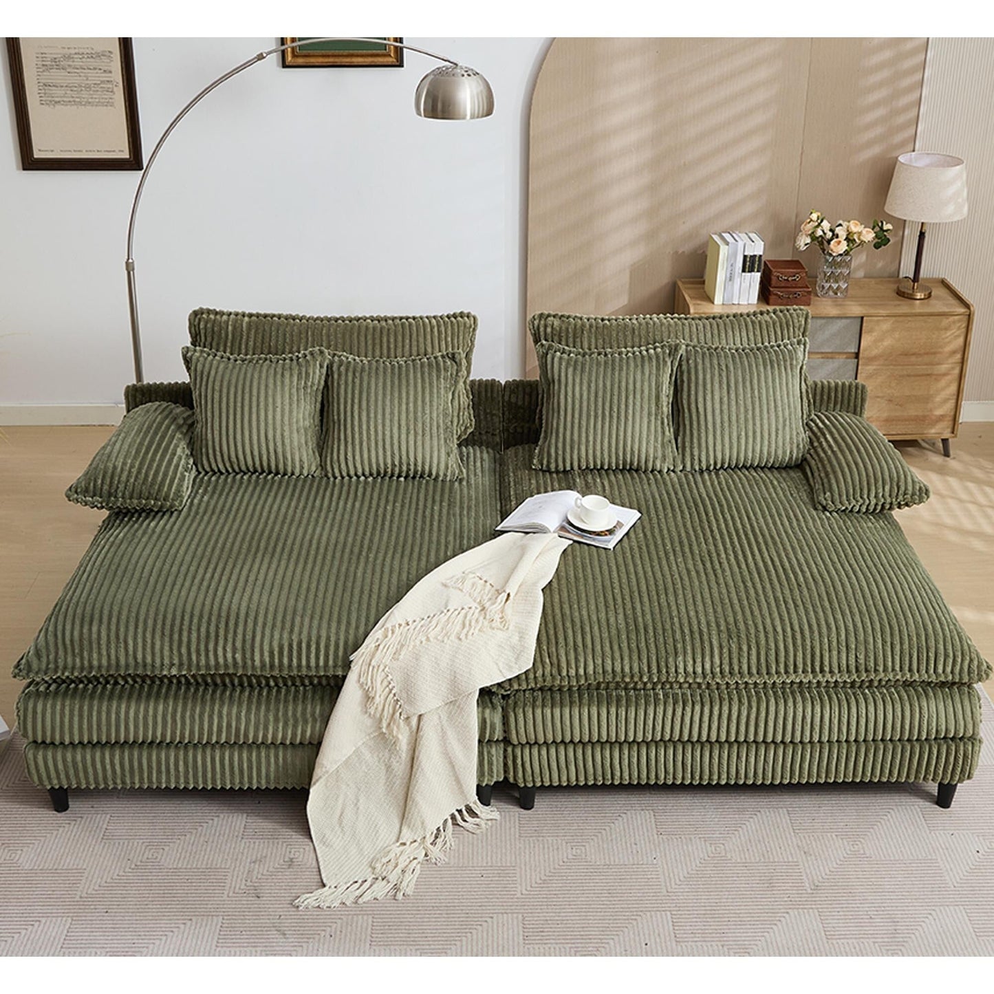 Harmonia 109 W Oversized Corduroy Sofa Bed, Deep Seat Double Lounge Chaise with 4 Pillows