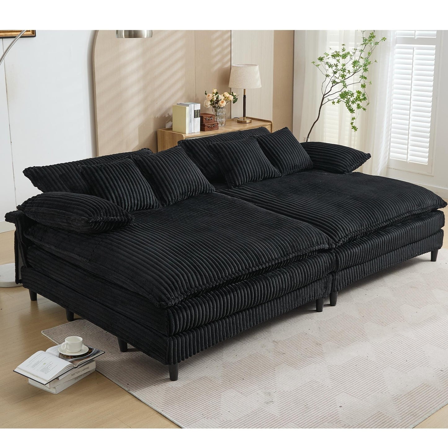 Harmonia 109 W Oversized Corduroy Sofa Bed, Deep Seat Double Lounge Chaise with 4 Pillows