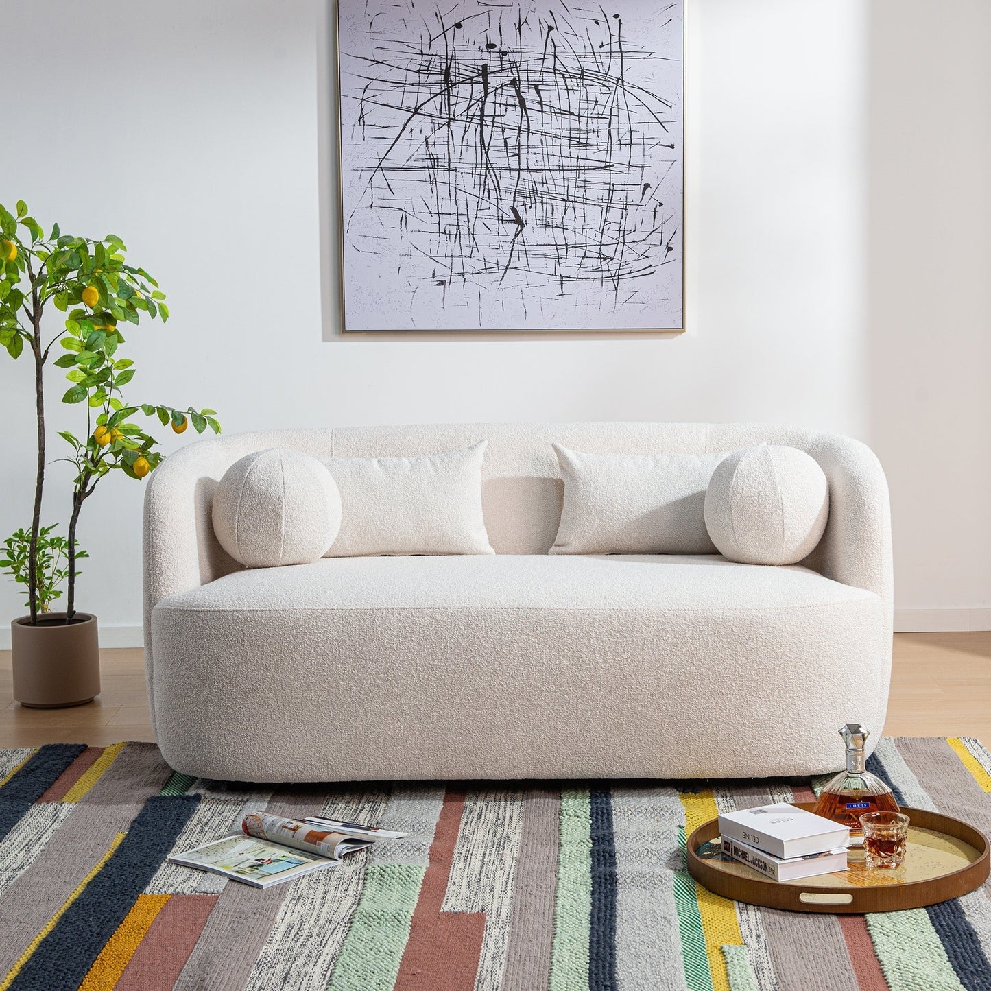 KINWELL Boucle Upholstered 2-Seats Loveseat with Pillows