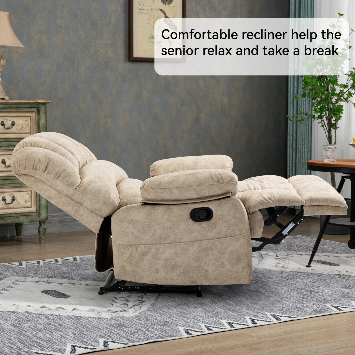 Large Manual Recliner Chair for Adult, Comfortable Fabric Single Recliner Sofa, Overstuffed Reclining Chair for Living Room
