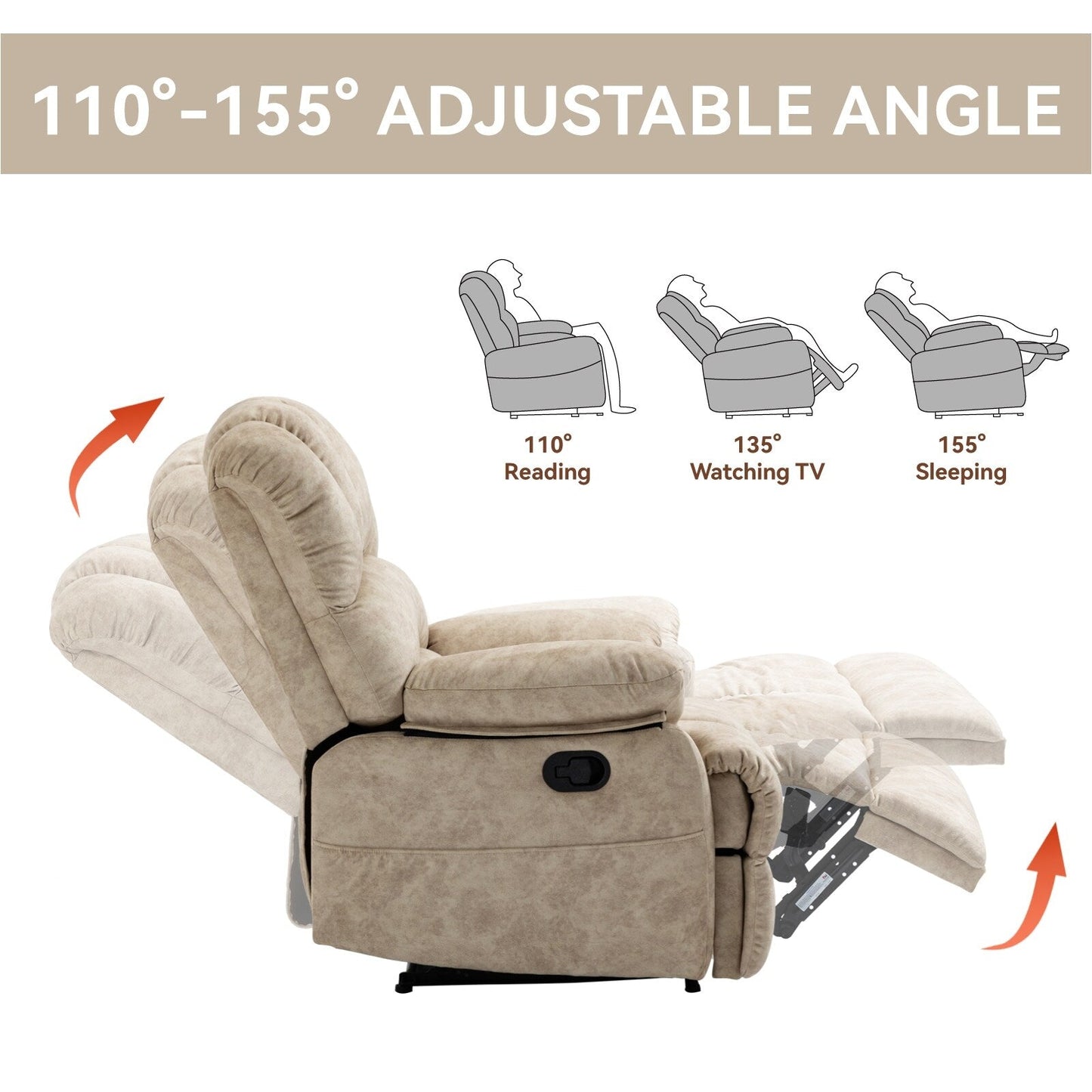 Large Manual Recliner Chair for Adult, Comfortable Fabric Single Recliner Sofa, Overstuffed Reclining Chair for Living Room