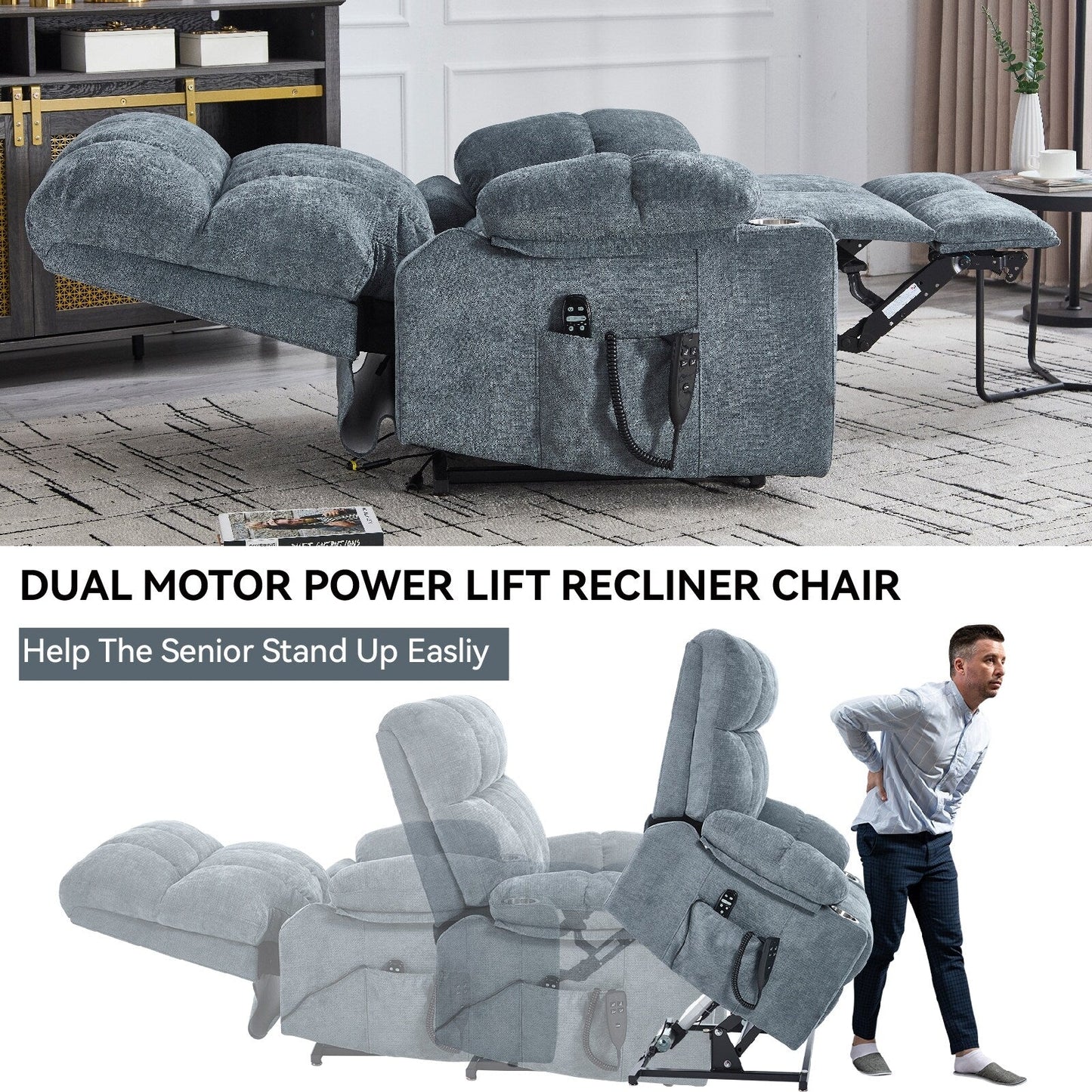Lazy Boy Dual Motor Chenille Power Lift Recliner w/Massage and Lumbar Heating, Dual Cup Holders, Grey-Blue