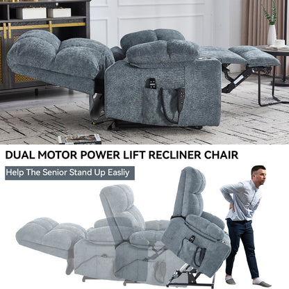 Lazy Boy Dual Motor Chenille Power Lift Recliner w/Massage and Lumbar Heating, Dual Cup Holders, Grey-Blue