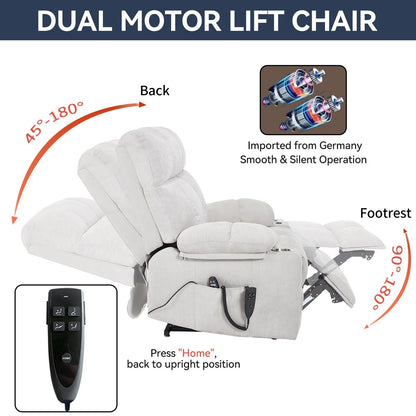 Lazy Boy Dual Motor Chenille Power Lift Recliner w/Massage and Lumbar Heating, Dual Cup Holders, Grey-Blue