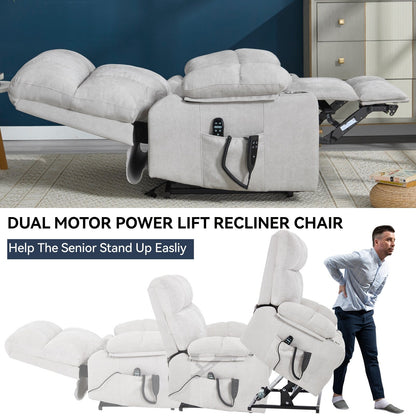 Lazy Boy Dual Motor Chenille Power Lift Recliner w/Massage and Lumbar Heating, Dual Cup Holders, Grey-Blue