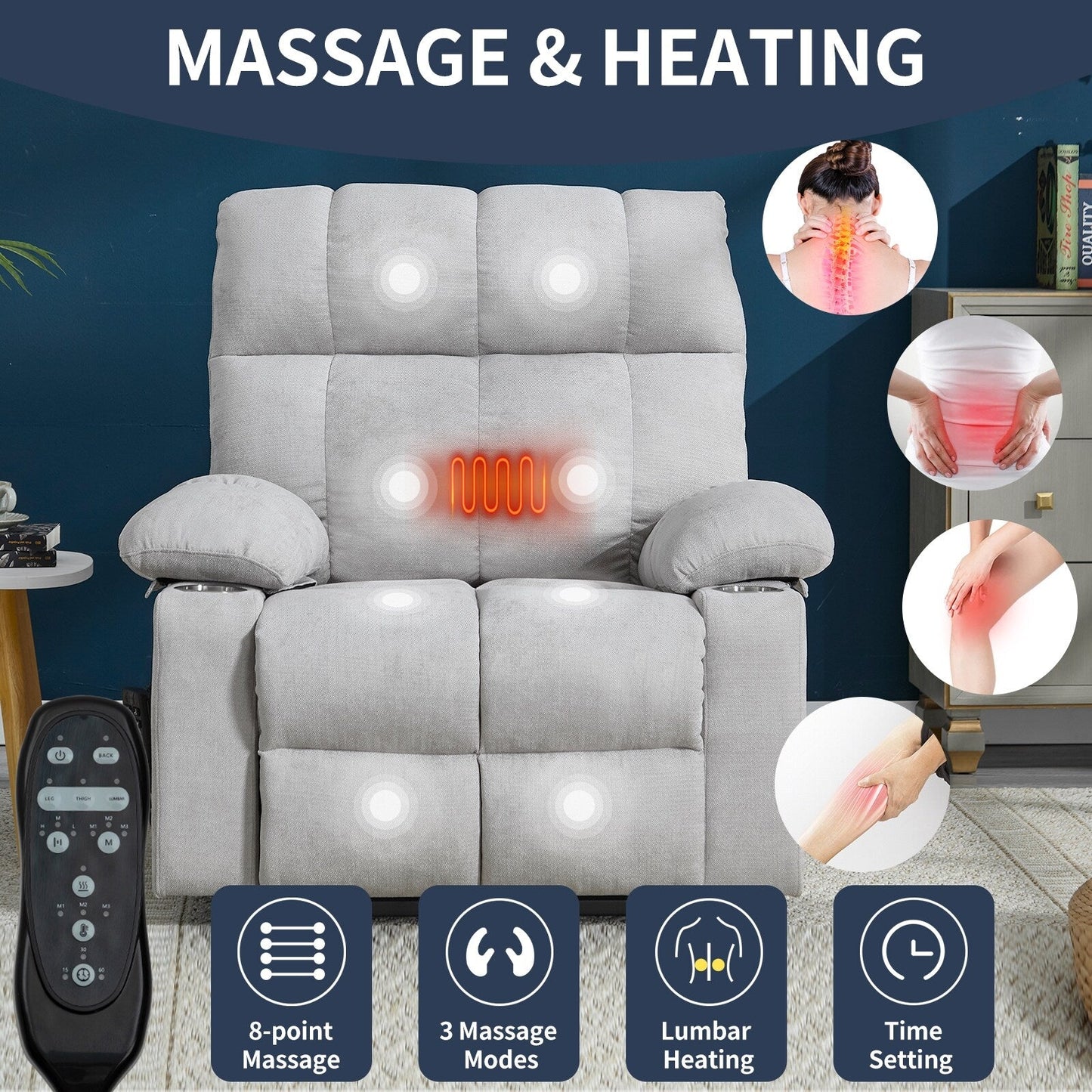 Lazy Boy Dual Motor Chenille Power Lift Recliner w/Massage and Lumbar Heating, Dual Cup Holders, Grey-Blue