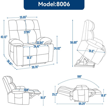 Lazy Boy Dual Motor Chenille Power Lift Recliner w/Massage and Lumbar Heating, Dual Cup Holders, Grey-Blue