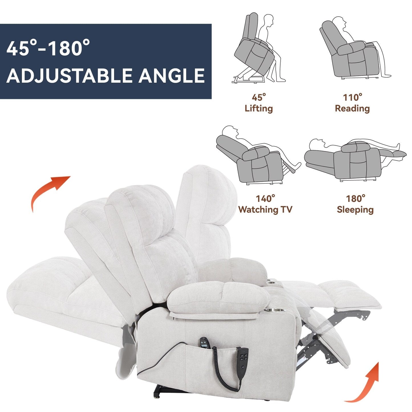 Lazy Boy Dual Motor Chenille Power Lift Recliner w/Massage and Lumbar Heating, Dual Cup Holders, Grey-Blue