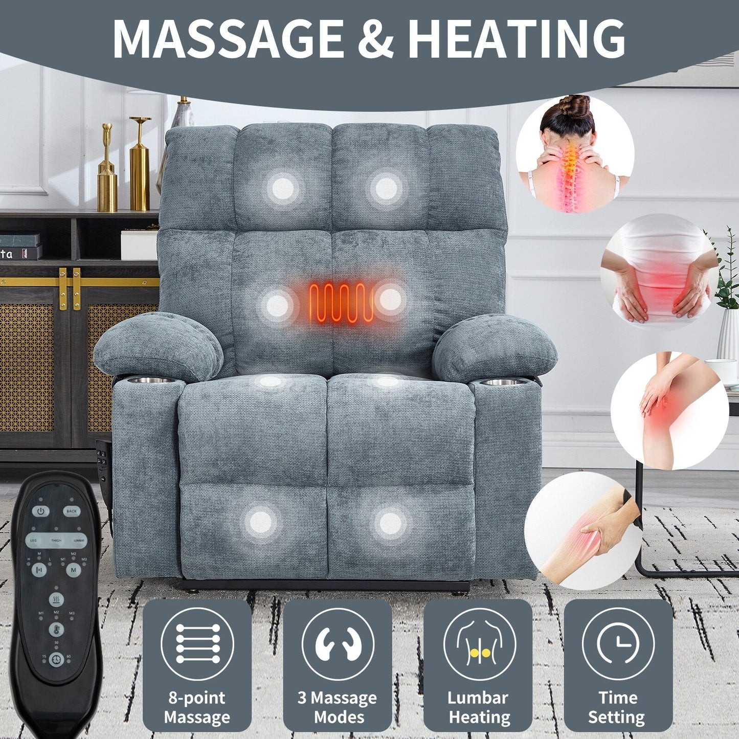 Lazy Boy Dual Motor Chenille Power Lift Recliner w/Massage and Lumbar Heating, Dual Cup Holders, Grey-Blue