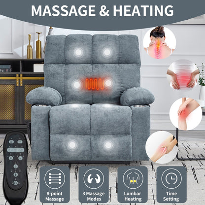 Lazy Boy Dual Motor Chenille Power Lift Recliner w/Massage and Lumbar Heating, Dual Cup Holders, Grey-Blue