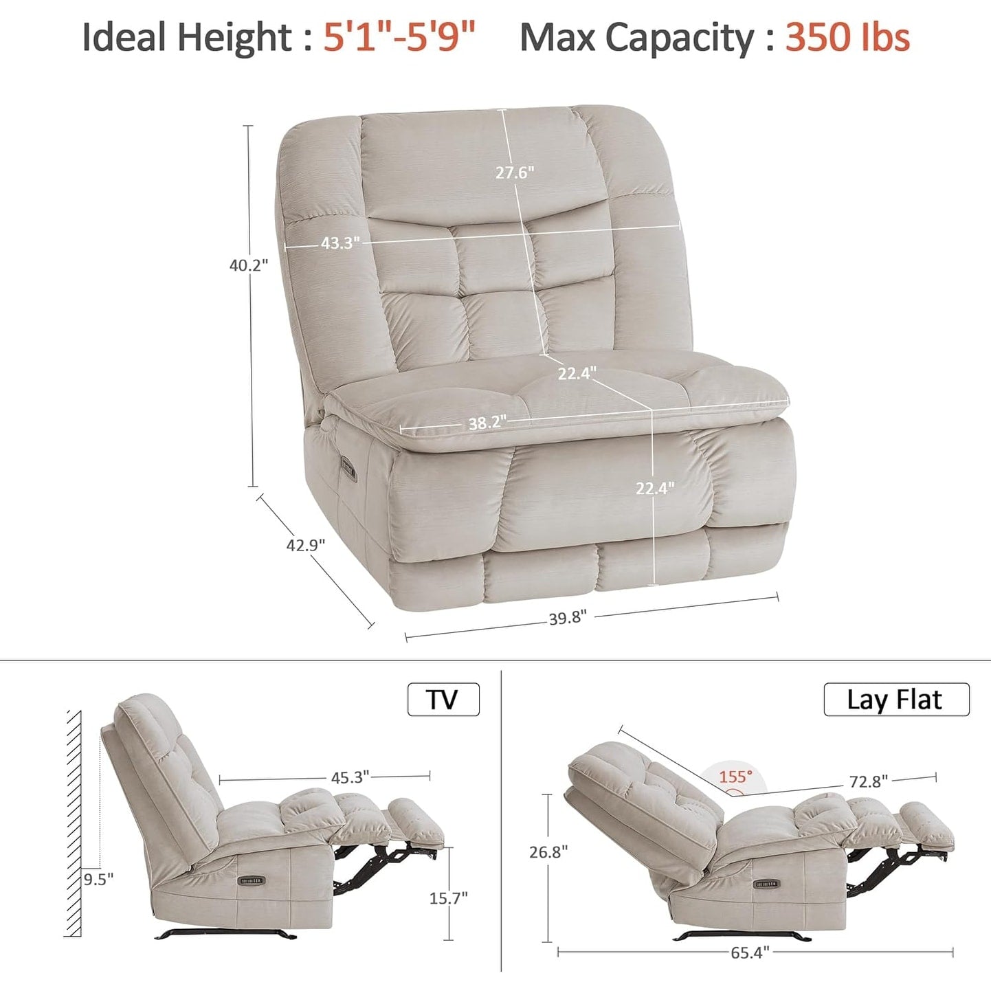 MCombo Oversized Dual Motor Armless Power Rocker Recliner Chair, Zeroarms Recliner Perfect for Living Room Fabric PR607