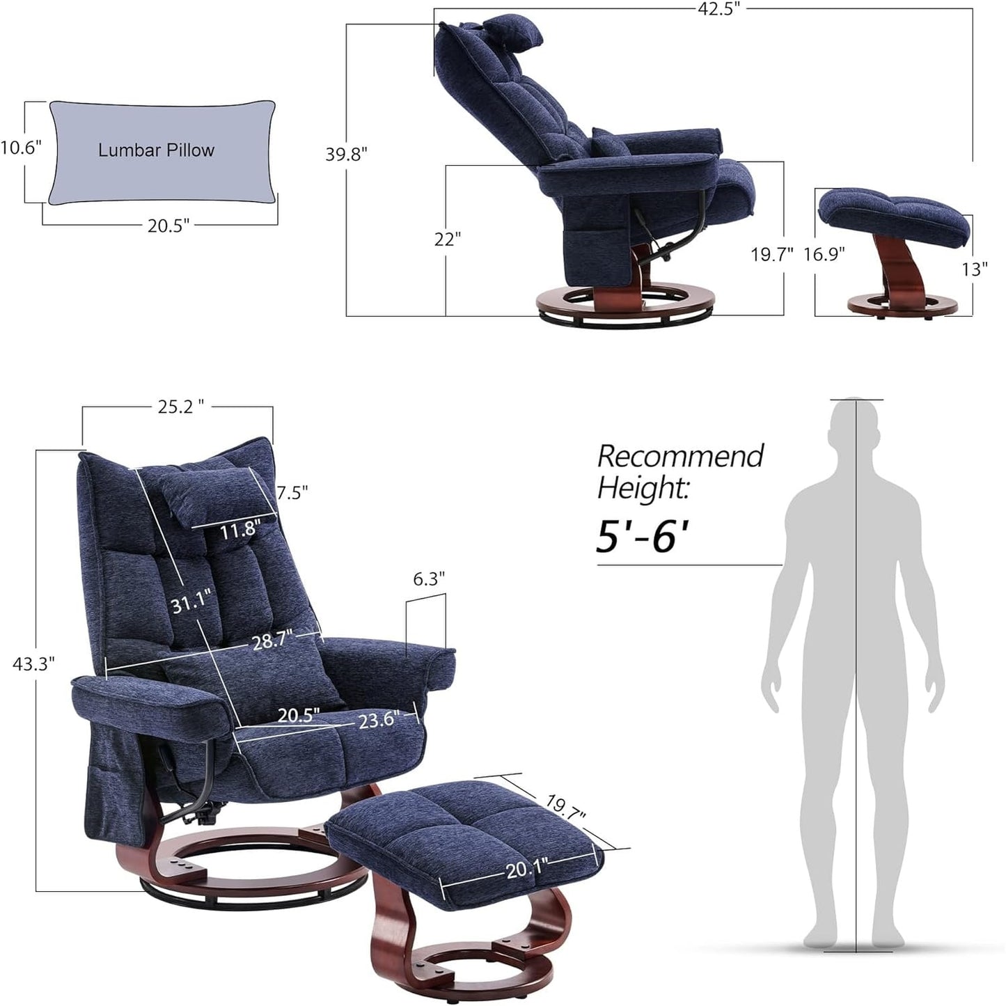 MCombo Set of 2 Swivel Recliner with Ottoman and Neck Pillow,Chenille Fabric