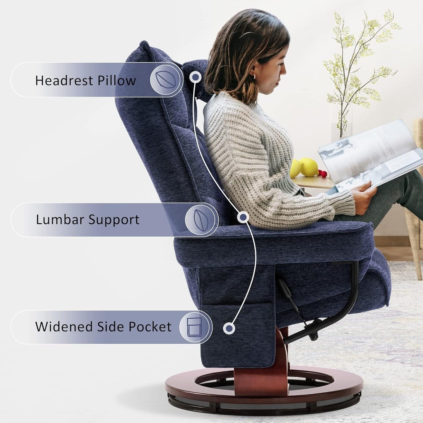 MCombo Set of 2 Swivel Recliner with Ottoman and Neck Pillow,Chenille Fabric