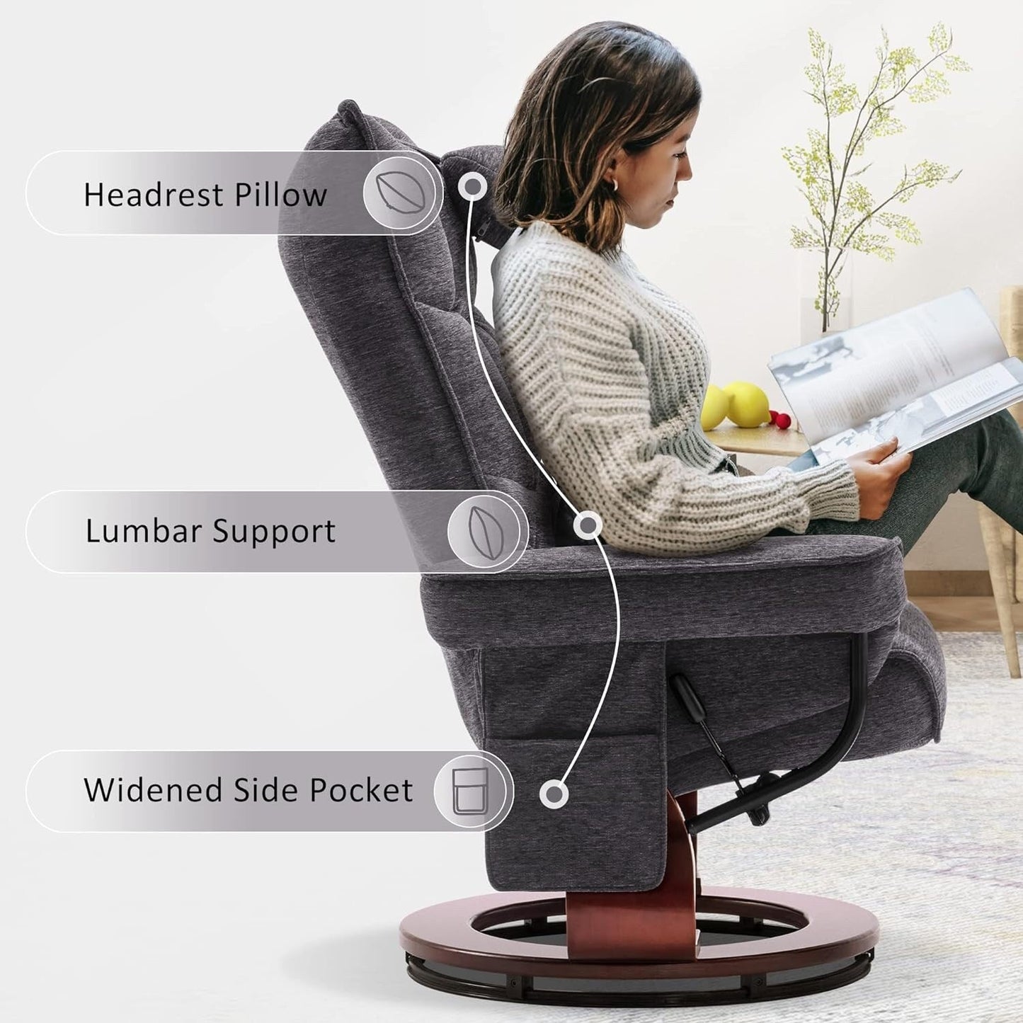 MCombo Set of 2 Swivel Recliner with Ottoman and Neck Pillow,Chenille Fabric