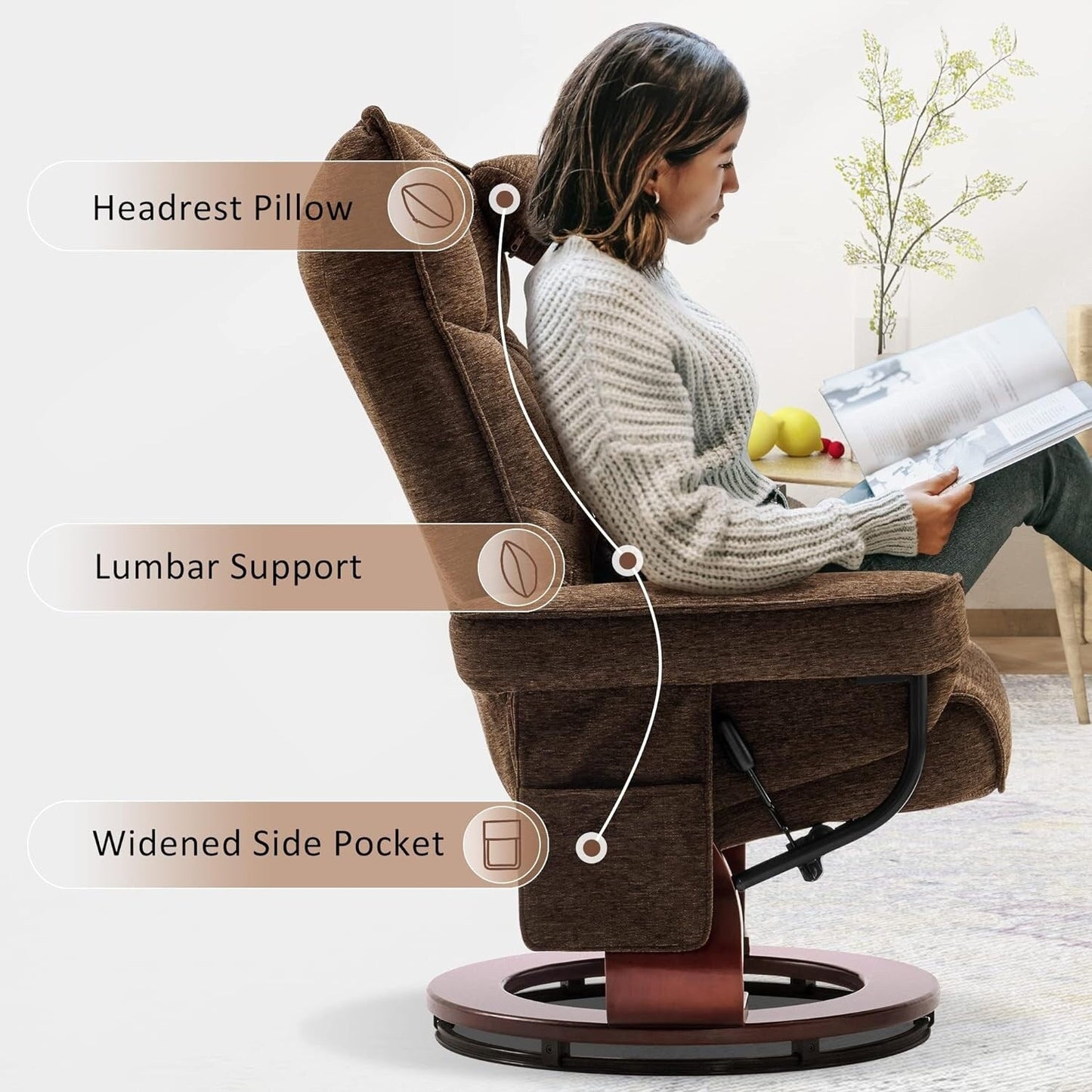 MCombo Set of 2 Swivel Recliner with Ottoman and Neck Pillow,Chenille Fabric