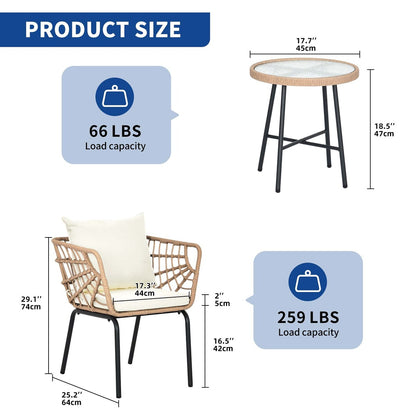 Moasis 3 Pieces Outdoor Wicker Furniture Patio Bistro Set with 2 Chairs and Coffee Table