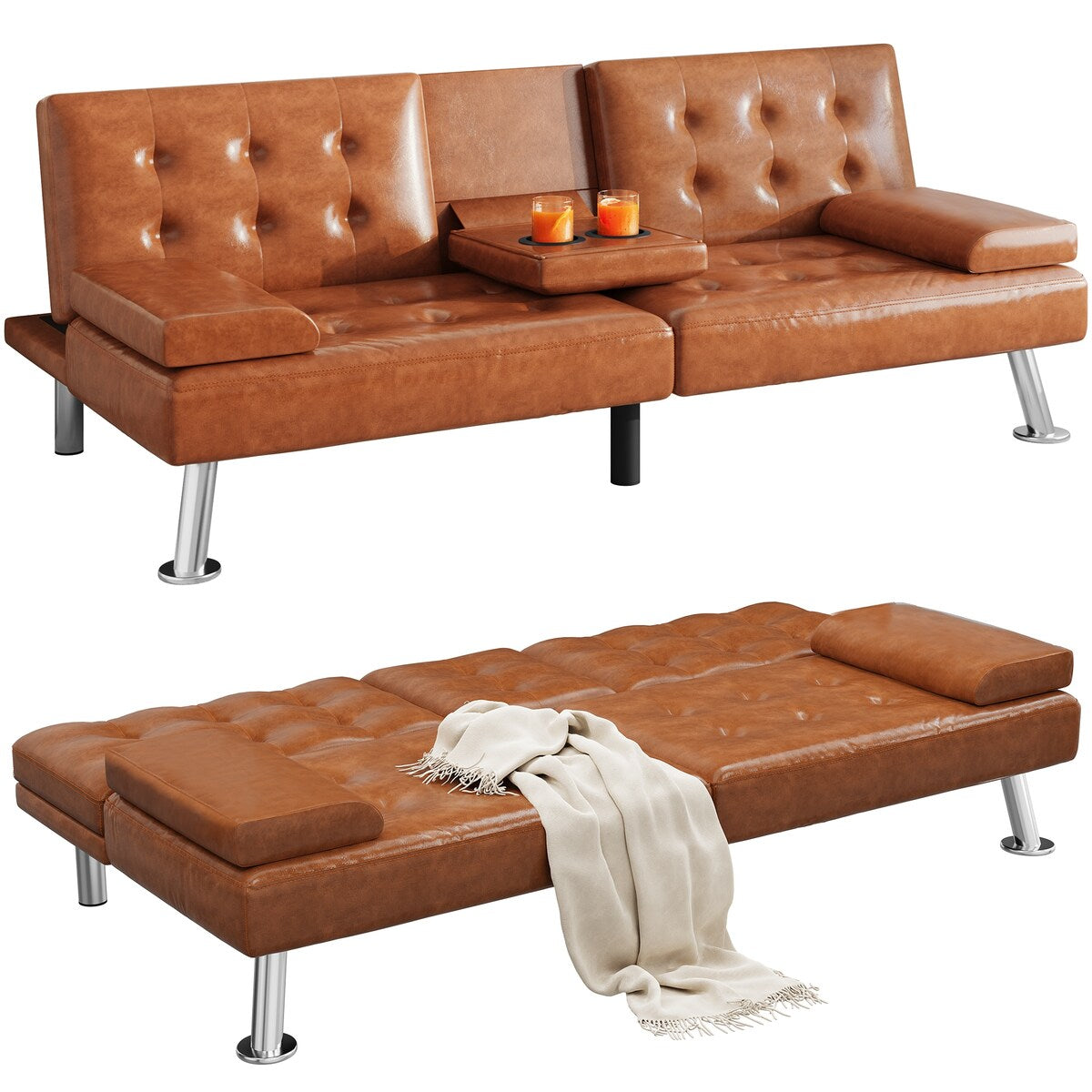 Moasis Faux Leather Futon Sofa Bed Modern Folding Futon Set - 64 L x 30 W x 26 H