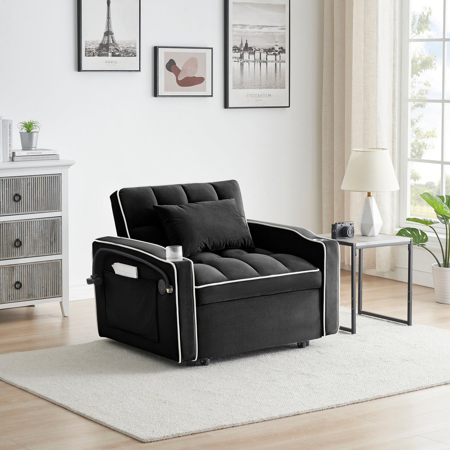 Modern 70.86 3 in 1 Single Convertible Sofa Bed with Adjustable Back and USB Charging Port for Living Room