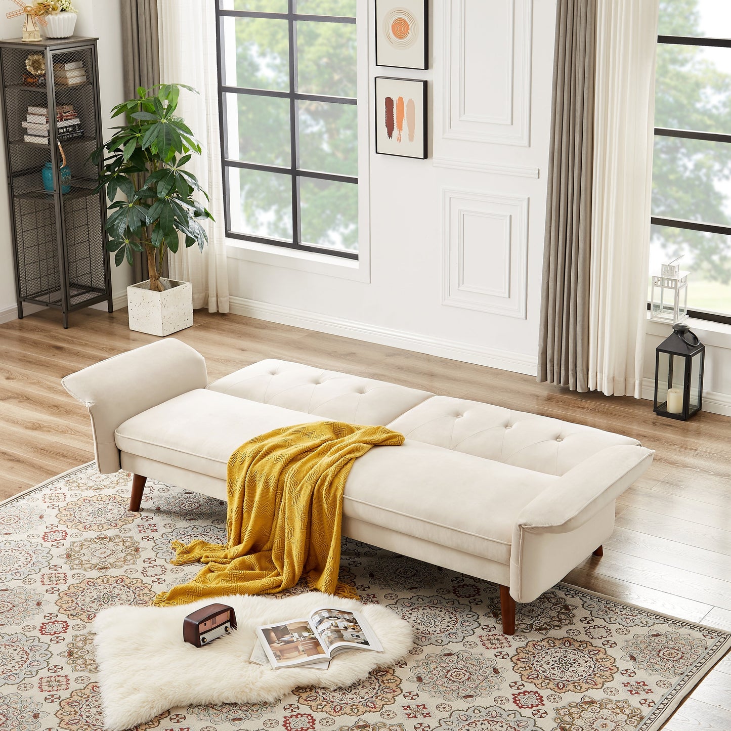 Modern Futon Sofa Bed, Convertible Sleeper Sofa with Tapered Wood Legs, 78.35 W, Small Split Back Sofa for Living Room