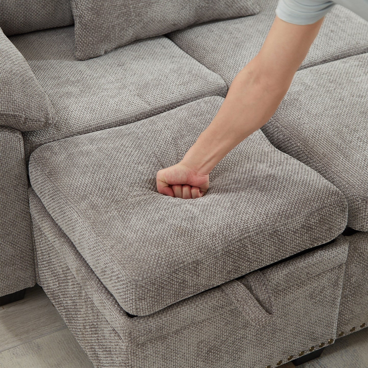 Modern L-Shaped Chenille Sectional Sofa with Pull-Out Sleeper, Storage Seats, Ottoman and 2 Pillows for Living Room