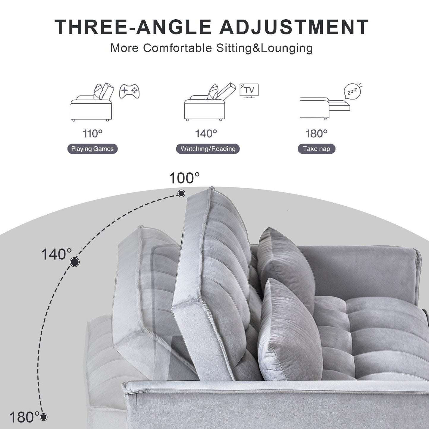 Modern Pull-Out Couch Bed, 3-in-1 Sleeper Sofa with Adjustable Backrest, Velvet Loveseat, Pillows & Side Pockets