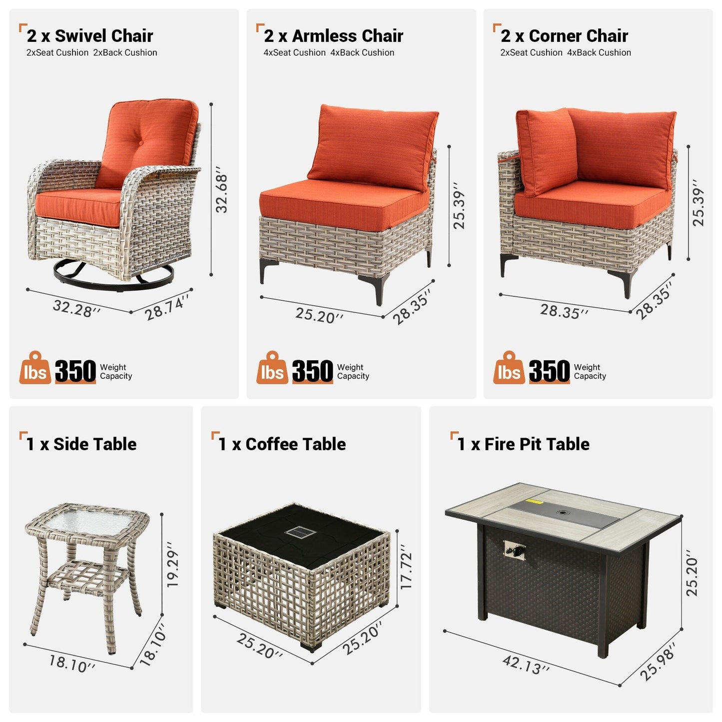 OVIOS 9 Pieces Outdoor Wicker Swivel Chair Set With Fire Table