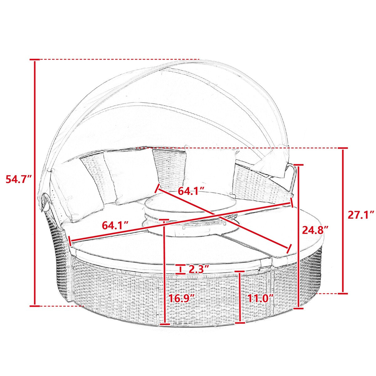 Outdoor Rattan Round Canopy Daybed with Lift Coffee Table, Navy Blue Deep Seating Sofa Bed with Pillows and Washable Cushions