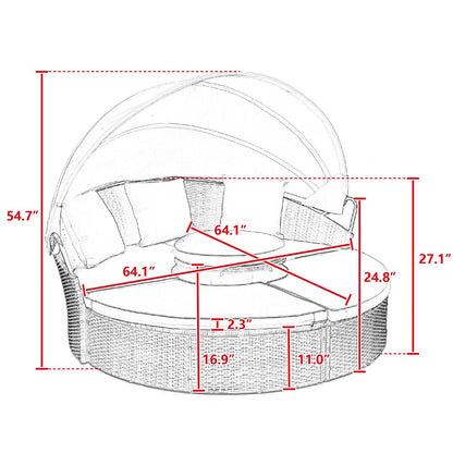 Outdoor Rattan Round Canopy Daybed with Lift Coffee Table, Navy Blue Deep Seating Sofa Bed with Pillows and Washable Cushions