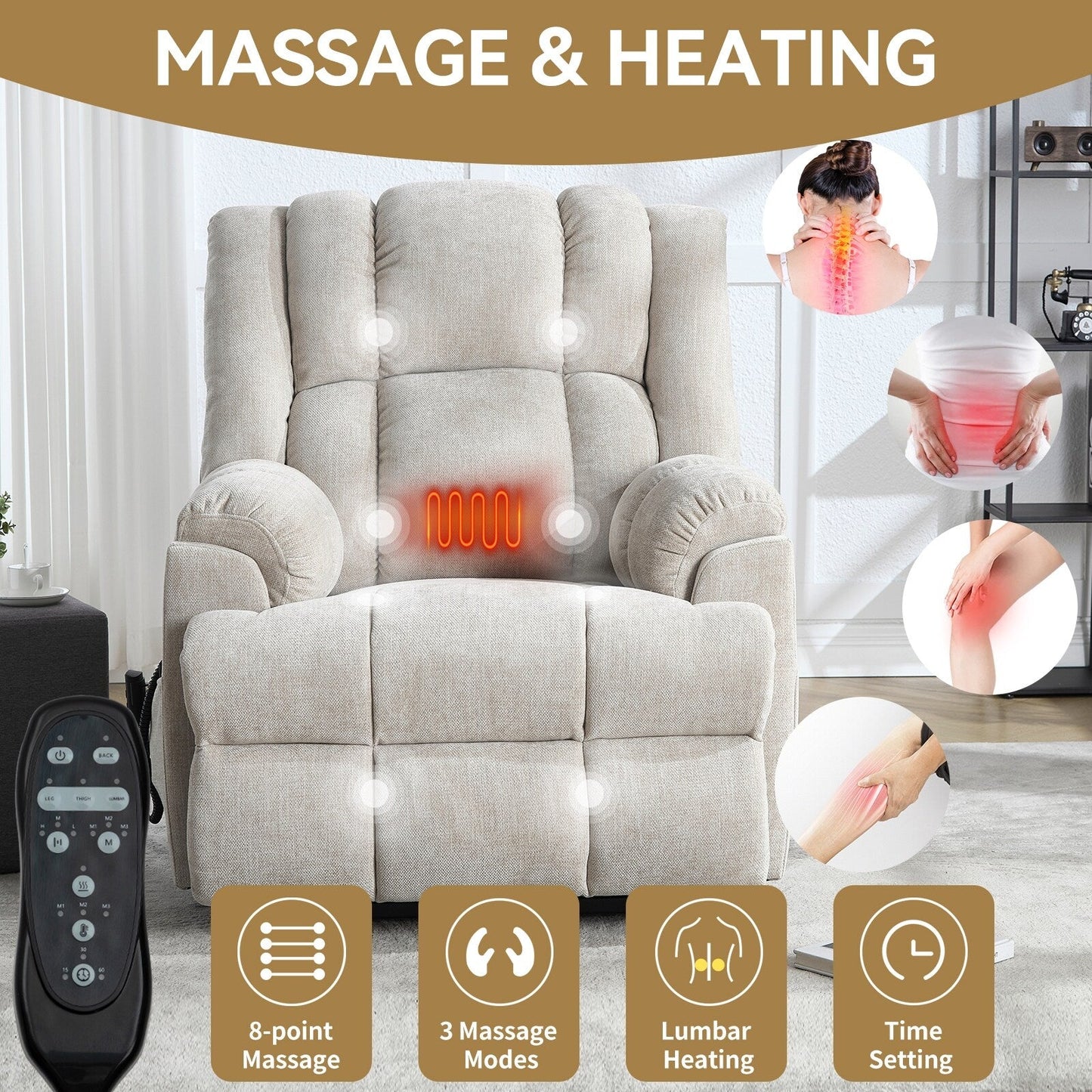 Oversized Chenille Power Lift Recliner Chair with Massage and Lumbar Heating, Infinite Position Reclining