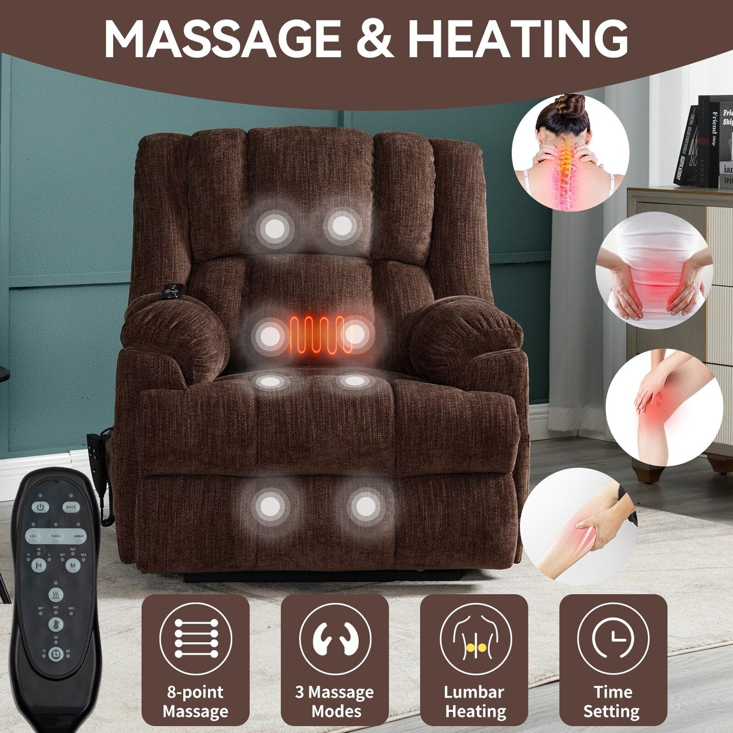 Oversized Chenille Power Lift Recliner Chair with Massage and Lumbar Heating, Infinite Position Reclining