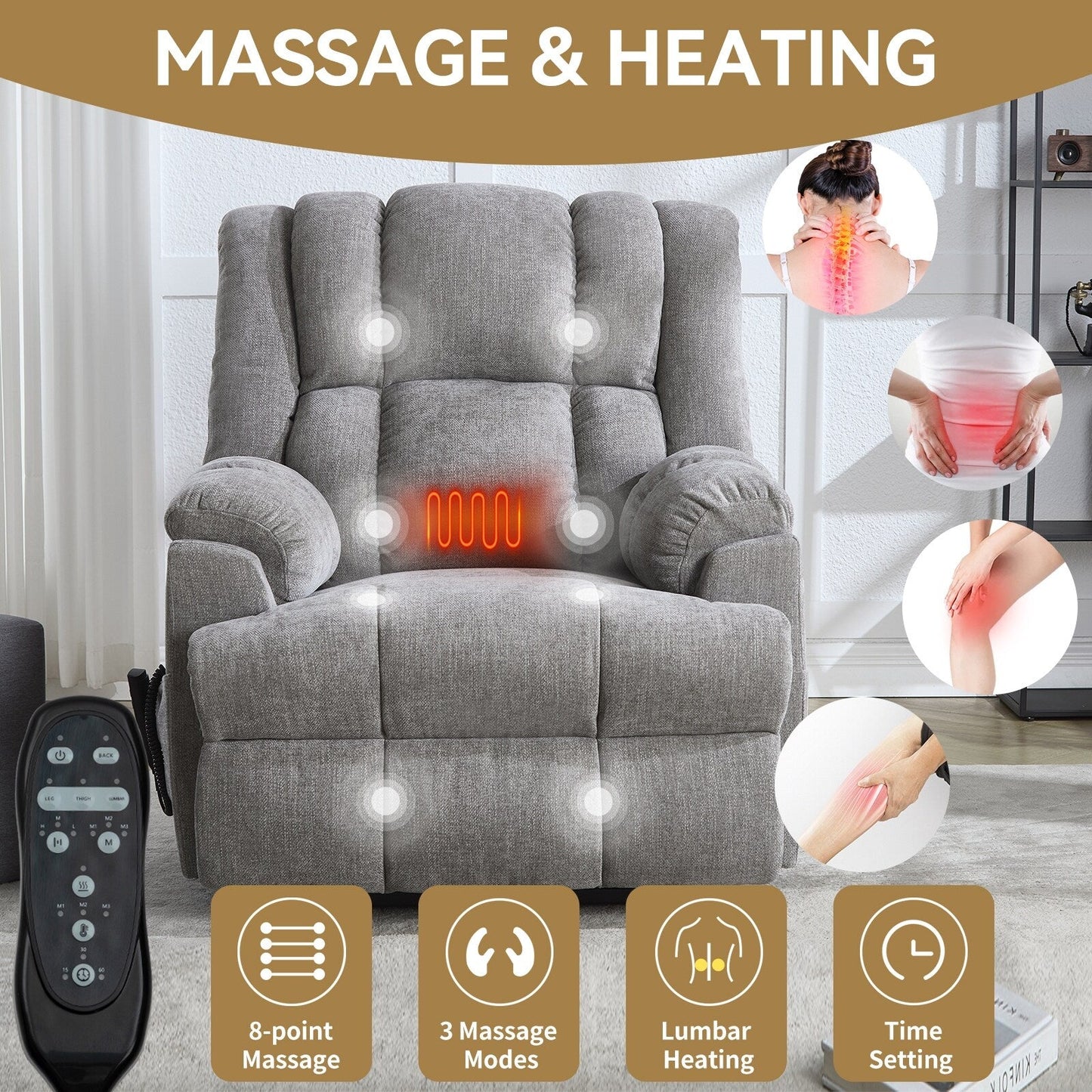 Oversized Chenille Power Lift Recliner Chair with Massage and Lumbar Heating, Infinite Position Reclining