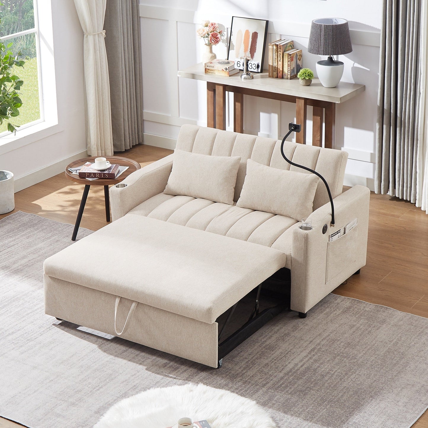 Roomfitters Convertible Loveseat Sofa Bed with USB Ports, Side Pockets, Cup Holders, and Swivel Phone Holder for Living Room