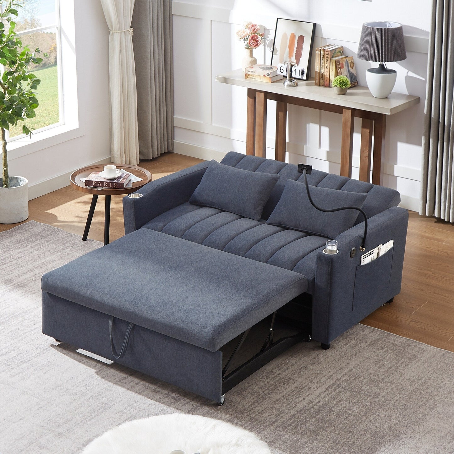 Roomfitters Convertible Loveseat Sofa Bed with USB Ports, Side Pockets, Cup Holders, and Swivel Phone Holder for Living Room