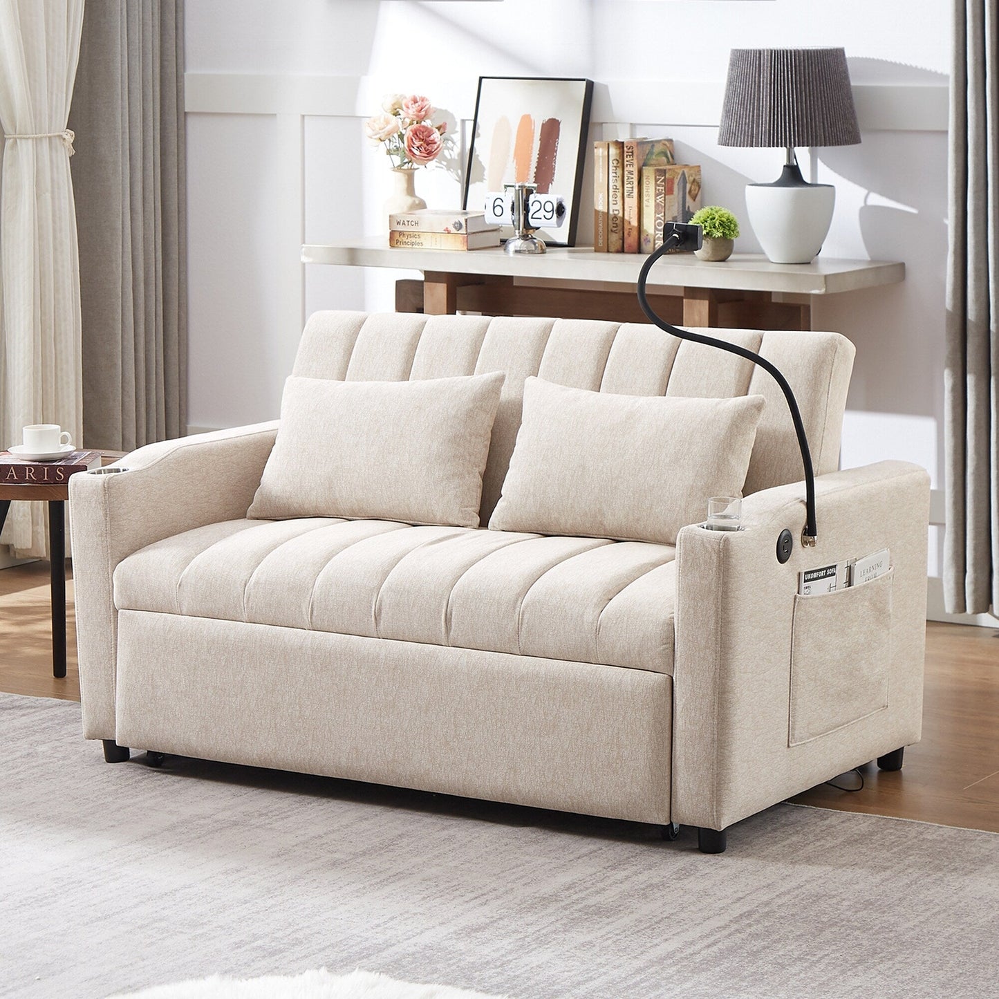Roomfitters Convertible Loveseat Sofa Bed with USB Ports, Side Pockets, Cup Holders, and Swivel Phone Holder for Living Room