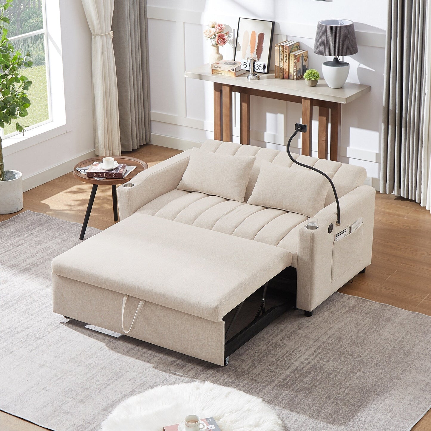 Roomfitters Convertible Loveseat Sofa Bed with USB Ports, Side Pockets, Cup Holders, and Swivel Phone Holder for Living Room