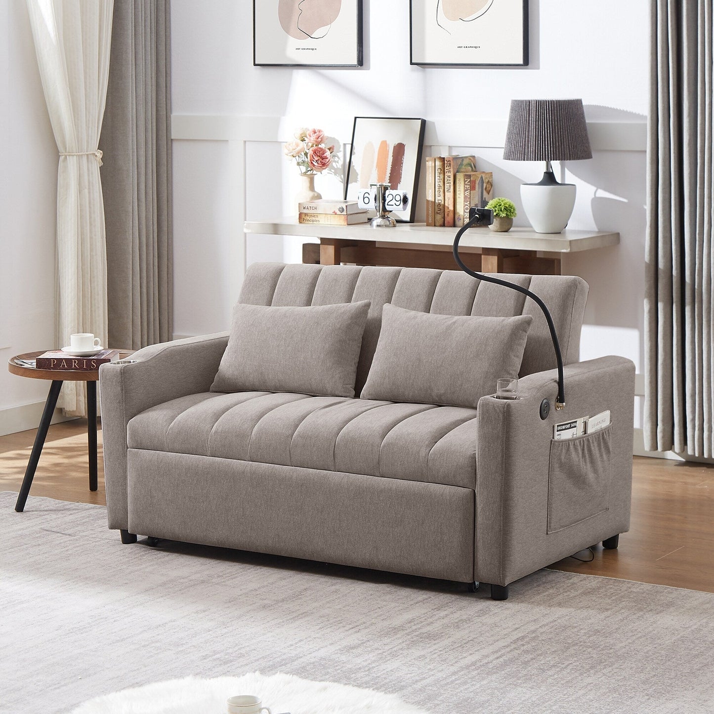 Roomfitters Convertible Loveseat Sofa Bed with USB Ports, Side Pockets, Cup Holders, and Swivel Phone Holder for Living Room